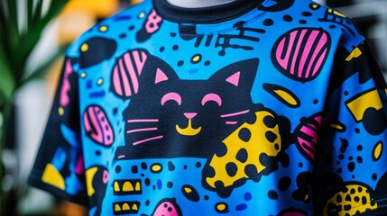 Cute Cat Print T Shirt Colorful Abstract Design Fashion Apparel