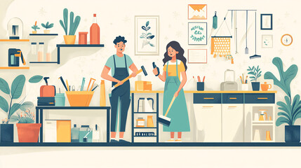 Flat illustration of a group of workers using various tools to clean and repair a home, perfect for household service icons