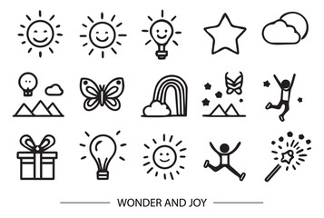 Set of Wonder and Joy Icons element., Embrace Happiness with Playful Icons of Wonder and Joy,Whimsical Icons for Spreading Smiles and Sunshine, Brighten Your Designs with Delightful, Joyful Symbols. 