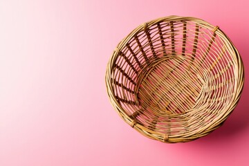 Fototapeta premium A woven basket sits against a pink background, showcasing its intricate design and natural materials, ideal for storage or decoration.