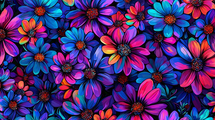 Modern Pattern of Black Daisies with Colorful Accents