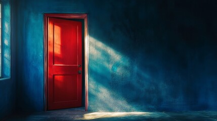 A single red door stands open in a dark blue room, bathed in warm light, symbolizing opportunity, transition, hope, and the unknown.  A beam of light streams through the opening, inviting exploration.