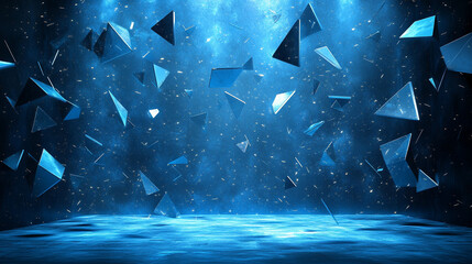 A tranquil blue background with a dark blue, low-poly geometric pattern symbolizes digital sophistication and modernity, evoking calmness, stability, and a futuristic aesthetic