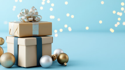 Two beautifully wrapped gifts with decorative bows and ornaments, creating festive atmosphere for New Year celebrations