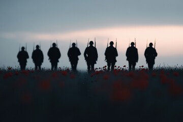 Fototapeta premium Poppies bloom in a tranquil field as soldiers march in silhouette for memorial tribute