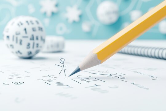A close-up of a yellow pencil writing complex mathematical equations on a white sheet of paper, with blurred math symbols and number dice in the background, creating a focused study atmosphere.

