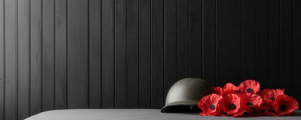 Honor the fallen a poppy bed and soldier helmet memorializing sacrifice