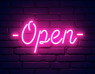 Open lettering motivation quote glowing neon color on brick wall background.