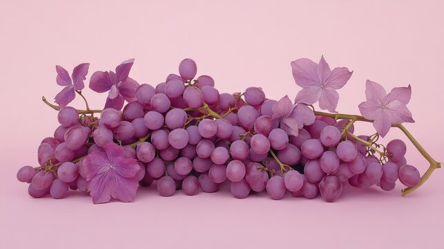 A cluster of ripe purple grapes, bursting with juiciness and color, rests on a soft pink background, accented by delicate purple blossoms. The scene evokes a sense of freshness, sweetness, and the bea