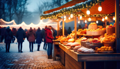 An outdoor market with stands offering hot drinks, baked goods, and seasonal produce under the soft glow of string lights, creating a warm and festive atmosphere.