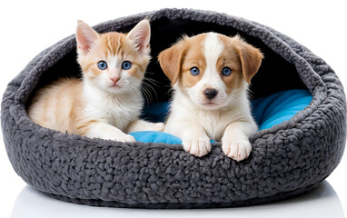 Adorable dog and a cute cat in pet bed isolated on white background