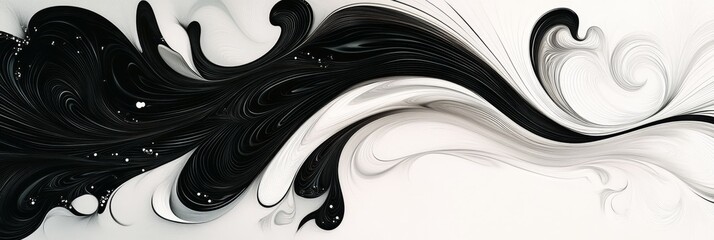 Fototapeta premium A smooth, abstract design featuring flowing black and white lines, creating a dynamic and elegant pattern. The design evokes concepts of movement, fluidity, balance, and harmony.