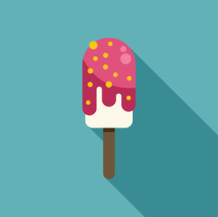 Refreshing pink ice cream melting on wooden stick with sprinkles, perfect for a hot summer day