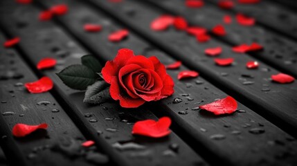 Solemn tribute with single rose on black coffin surface and scattered petals