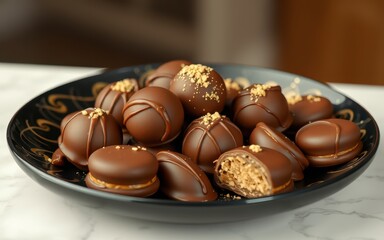 A plate of chocolate-covered treats with a peanut butter filling, arranged on a marble countertop