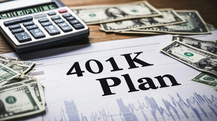 Text 401 K PLAN on Office desk table with keyboard,dollars,calculator ,supplies,analysis chart on the white background.
