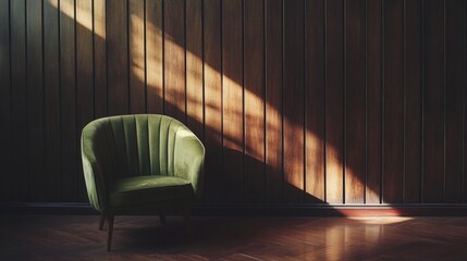 Obraz premium Elegant olive chair in an empty studio, highlighted by dark wood walls. Modern, simple aesthetic for vertical social media posts.