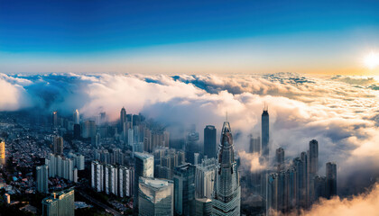 Obraz premium A city skyline reflected on the surface of the clouds, creating a surreal and dreamlike scene with buildings mirrored on the soft, billowy clouds below.