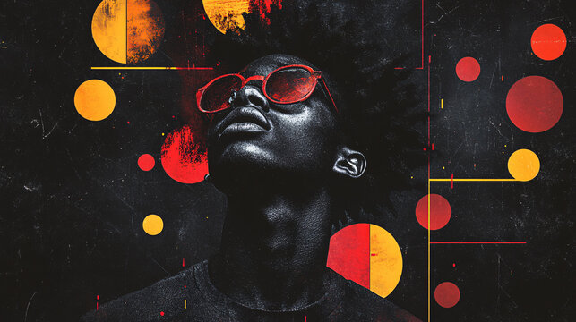 Graphic illustration of a modern man surrounded by abstract shapes and lines, isolated on a black textured background, ideal for trendy posters and banners