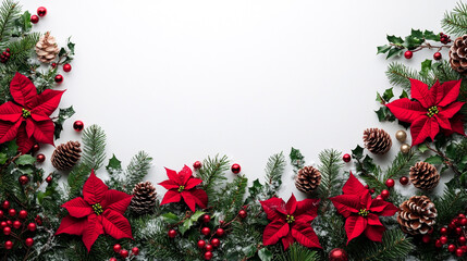 festive close-up of vibrant red poinsettia flowers with pine cones and mistletoe, symbolizing the joy and warmth of Christmas. The composition exudes holiday spirit and natural beauty