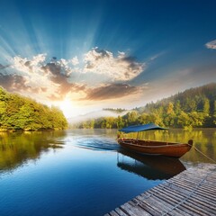 Beautiful River and Boat Natural Background AI Image 