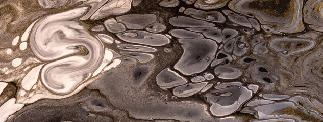 Abstract fluid art background gray and brown colors. Liquid marble. Acrylic painting with bronze gradient