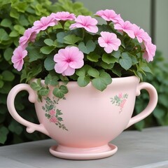 whimsical ceramic flower pot shaped like a teacup with a pastel pink finish and delicate floral accents along the handle