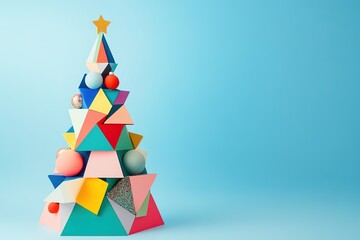 Modern geometric Christmas tree with colorful shapes on blue