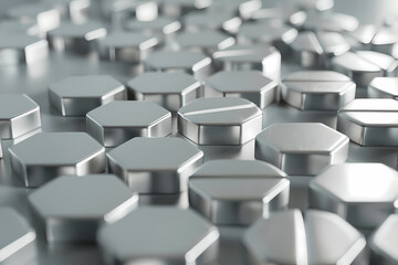 Obraz premium A metallic surface covered in hexagonal shapes, reflecting light with a sleek, modern aesthetic, ideal for tech and industrial themes.