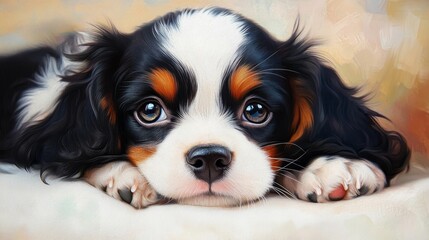 A charming Cavalier King Charles Spaniel puppy rests its head on a white surface, its large brown eyes gazing intently. The puppy's soft fur and delicate features create a captivating image of innocen