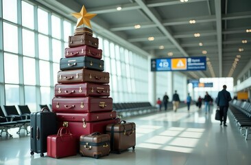 A beautiful Christmas tree made from suitcases of different sizes in the waiting room of an airport or railway station. Travel and holidays in winter for Christmas and New Year