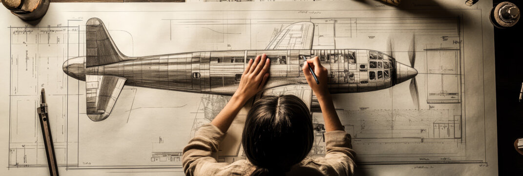 An aircraft engineer meticulously designs a new plane, showcasing their expertise and dedication to innovation, with technical drawings, precision tools, and a blueprint as backdrop.
