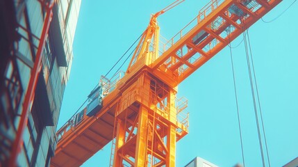 Low angle view of a yellow construction crane against a blue sky.