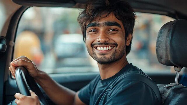 The driver is a cheerful young Indian man who grins.