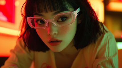 Close-Up of Woman in Minimalist Workspace with AR Glasses