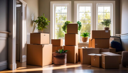 Dynamic images of packing boxes and unpacking in a new home, capturing the excitement of moving, with items scattered around, creating a sense of fresh beginnings.