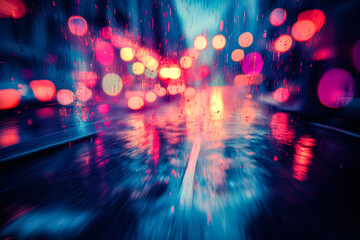 City skyline with a lot of lights and a blurry background. The lights are scattered all over the city, creating a sense of movement and energy. Scene is lively and bustling