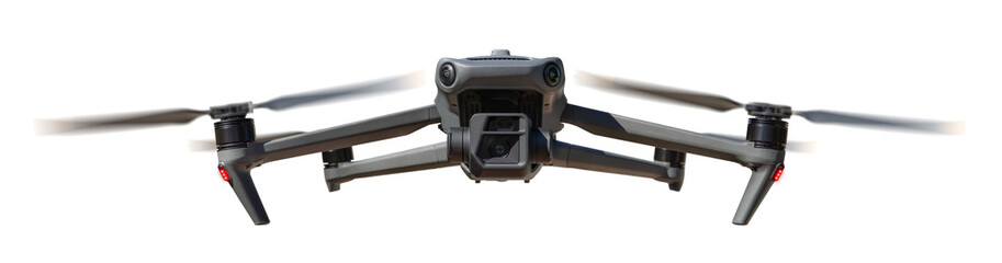 Isolated Front View of a Drone Quadcopter UAV In Flight. Transparent PNG.