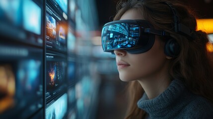Holographic AI specialists engaged in virtual reality analysis at a technology hub