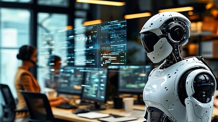 High-Tech Office with AI Robots, Virtual Assistants, and Holographic Machine Learning Models