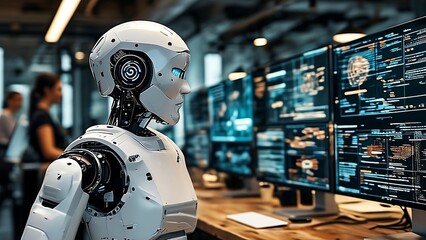 AI-generated robot analyzing data on a high-tech screen with graphs, charts, and data points in a futuristic lab setting.
