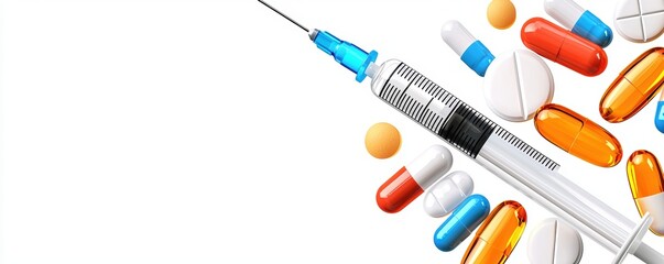 Medical syringe and various pills in a playful 3D style, healthcare and medicine concept, ideal for pharmacy or treatment themes, 3D illustration, isolated on white background