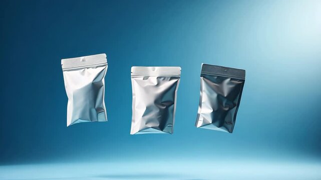 Flying three white zip lock packages on a blue background. Unbranded package levitates.
