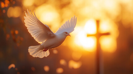 A pure white dove in flight against a blurred background featuring a Christian cross. The image symbolizes peace, hope, spirituality, and divine grace, often associated with faith and renewal