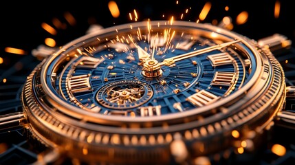 Fototapeta premium Luxury Gold Watch with Intricate Details and Glowing Sparks