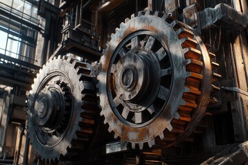 Massive gears in an industrial setting, each cog fitting into the other perfectly, with detailed textures of metalwork and a few rusted edges, creating a dynamic feel of teamwork in motion.