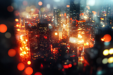 City skyline with a lot of lights and a blurry background. The lights are scattered all over the city, creating a sense of movement and energy. Scene is lively and bustling