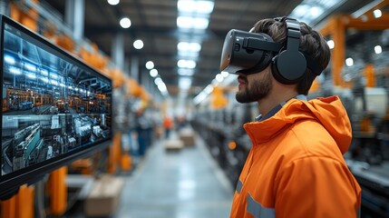 Fototapeta premium Virtual avatars assist factory workers in a modern manufacturing facility during training sessions