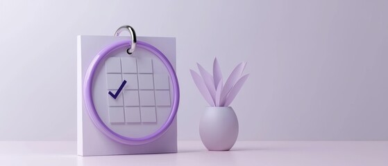 Sleek calendar with purple rings and checkmark symbol, isolated on white background, efficient scheduling concept, 3D illustration, isolated on white background