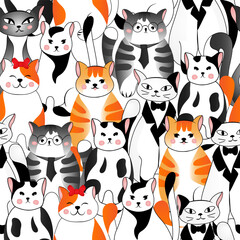 Seamless pattern with many different cats on white background. Vector illustration for children.